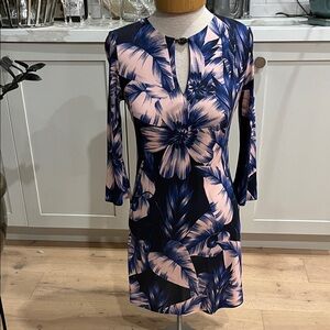 Marc Cain Large Floral Navy and Pink Print Dress with chain knot at neckline